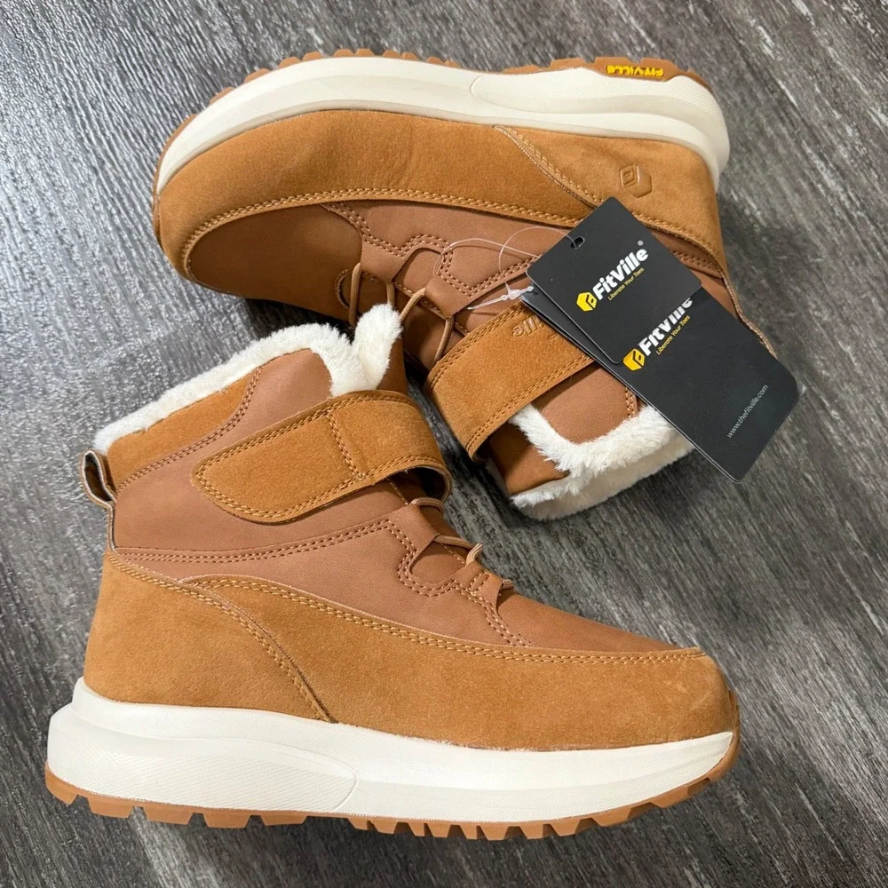 FitVille Womens Rugged Core Winter Boots Tan‎ Faux Fur Lined Wide Toe